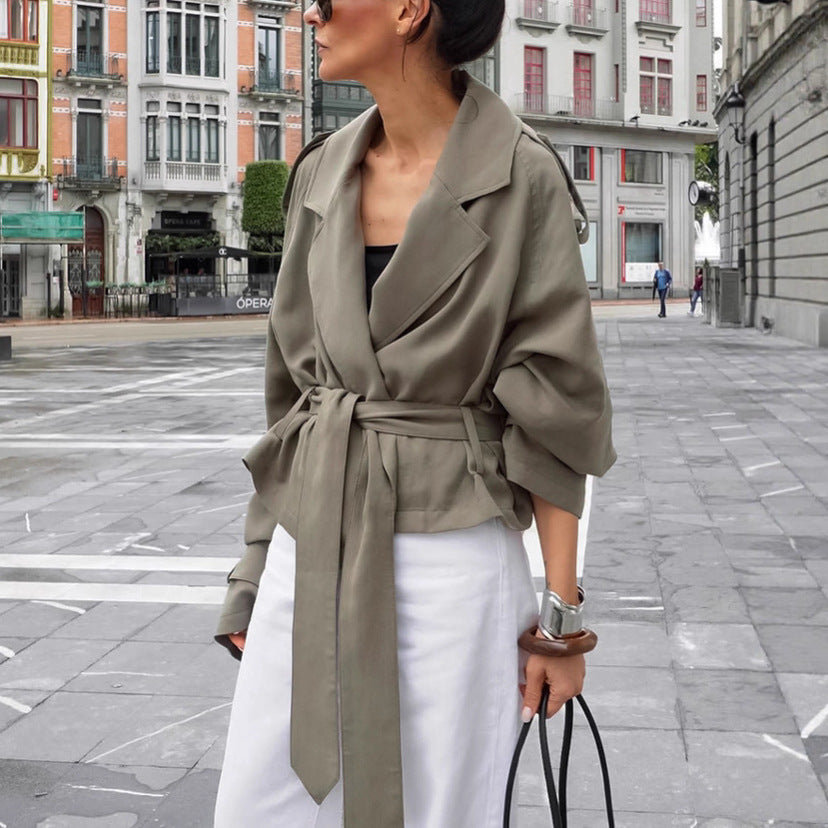 Women's Large Lapel Lace-up Trench Coat Fashionable Jacket