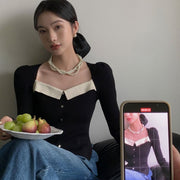 women's color-blocked square collar puff sleeve sweater - MRSLM