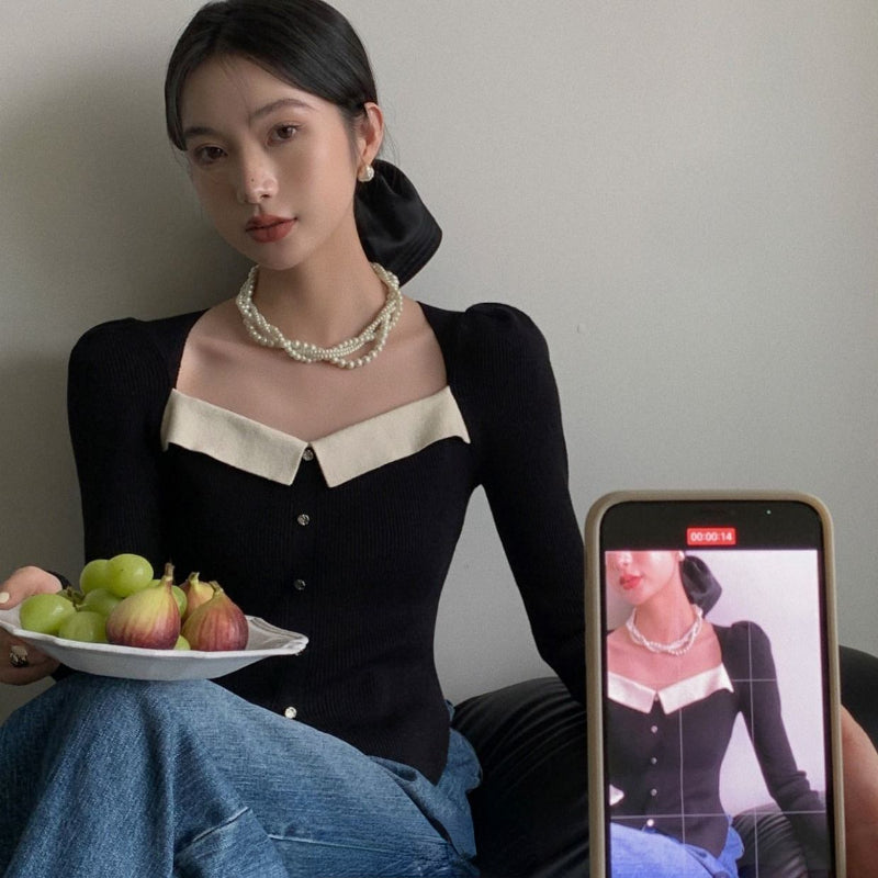 women's color-blocked square collar puff sleeve sweater - MRSLM