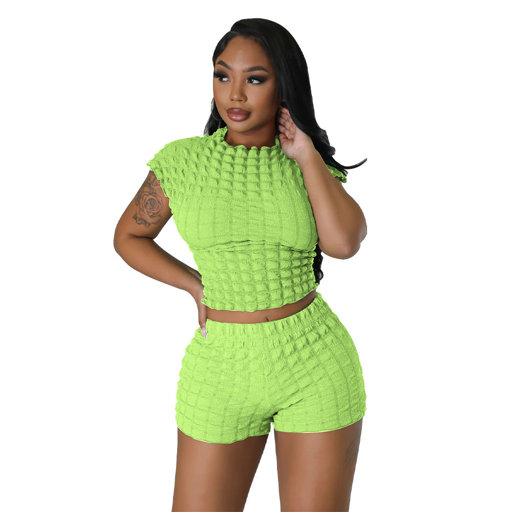 Women's Clothing Hot Sleeveless Midriff-baring Shorts Popcorn Bubble Two-piece Set