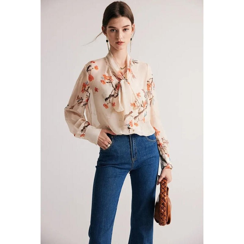 floral silk blend bow collar blouse, view 4 - MRSLM