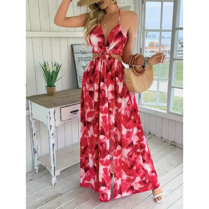 floral backless side-slit dress, view 12 - MRSLM