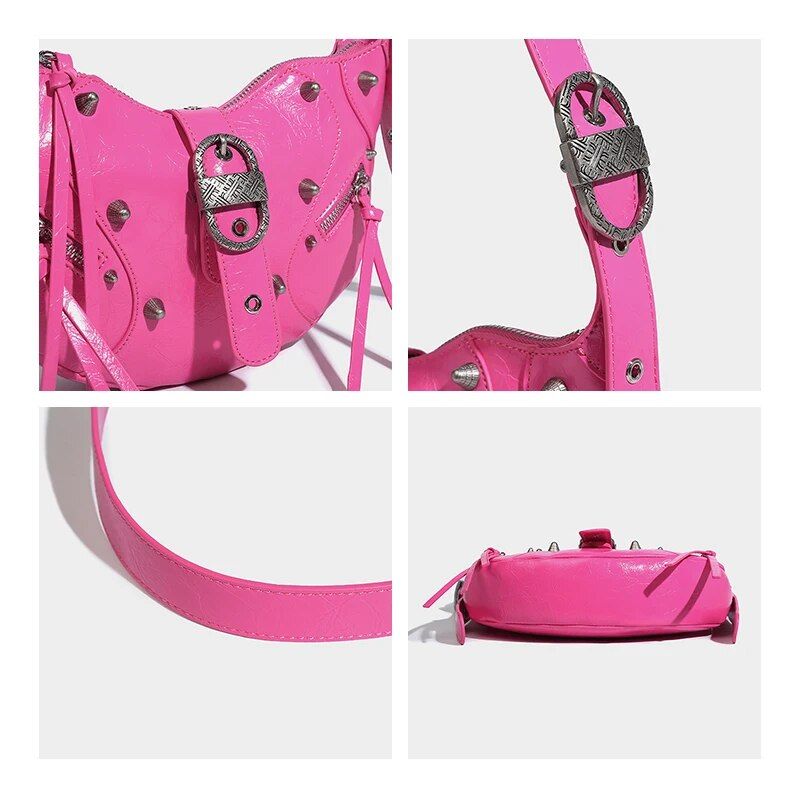 pink punk pu leather sling crossbody daypack, view 13 - MRSLM