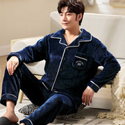 Men's flannel lounge robe cardigan set, view 2 - MRSLM