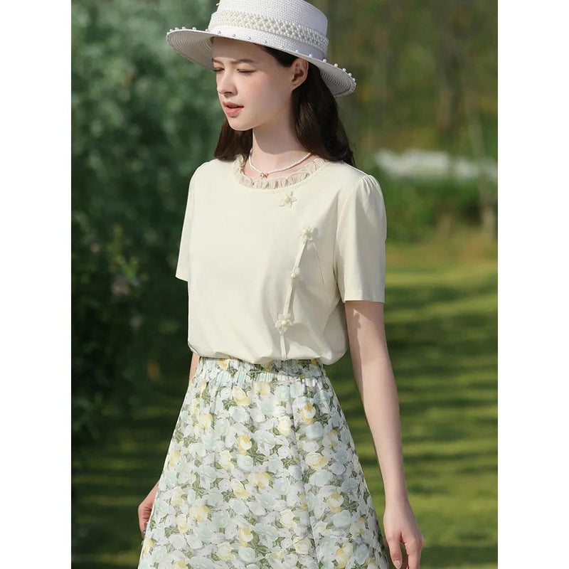 chic floral short sleeve T-shirt, view 8 - MRSLM