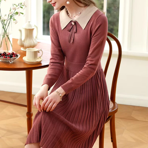 winter pleated A-line knit dress with bow waist - MRSLM