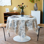 peony print linen-look tablecloth with tassels, view 3 - MRSLM