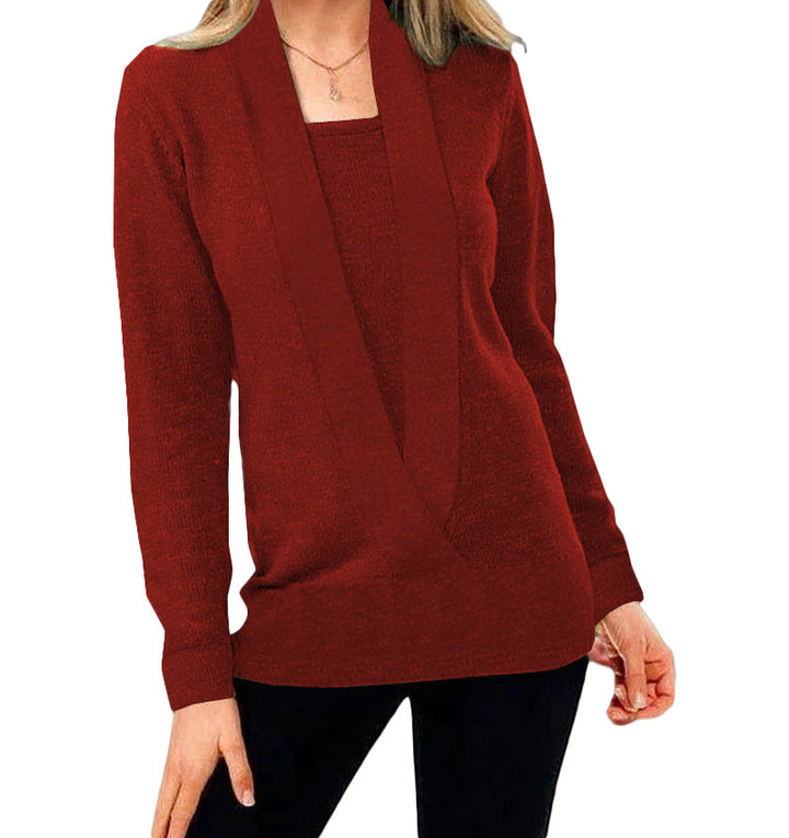 Knitted Solid Color Deep V-neck Long Sleeved Sweater For Women