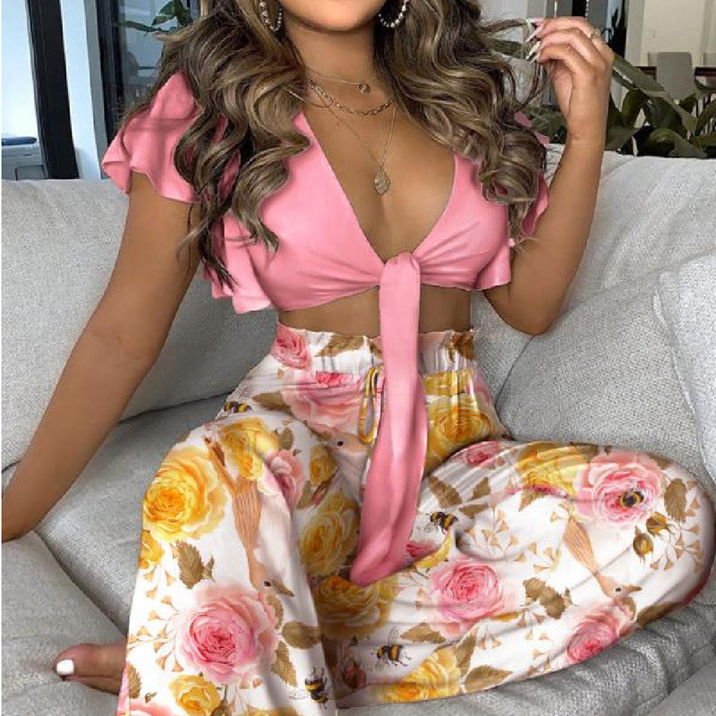 women's printed lace-up top and trousers set - MRSLM