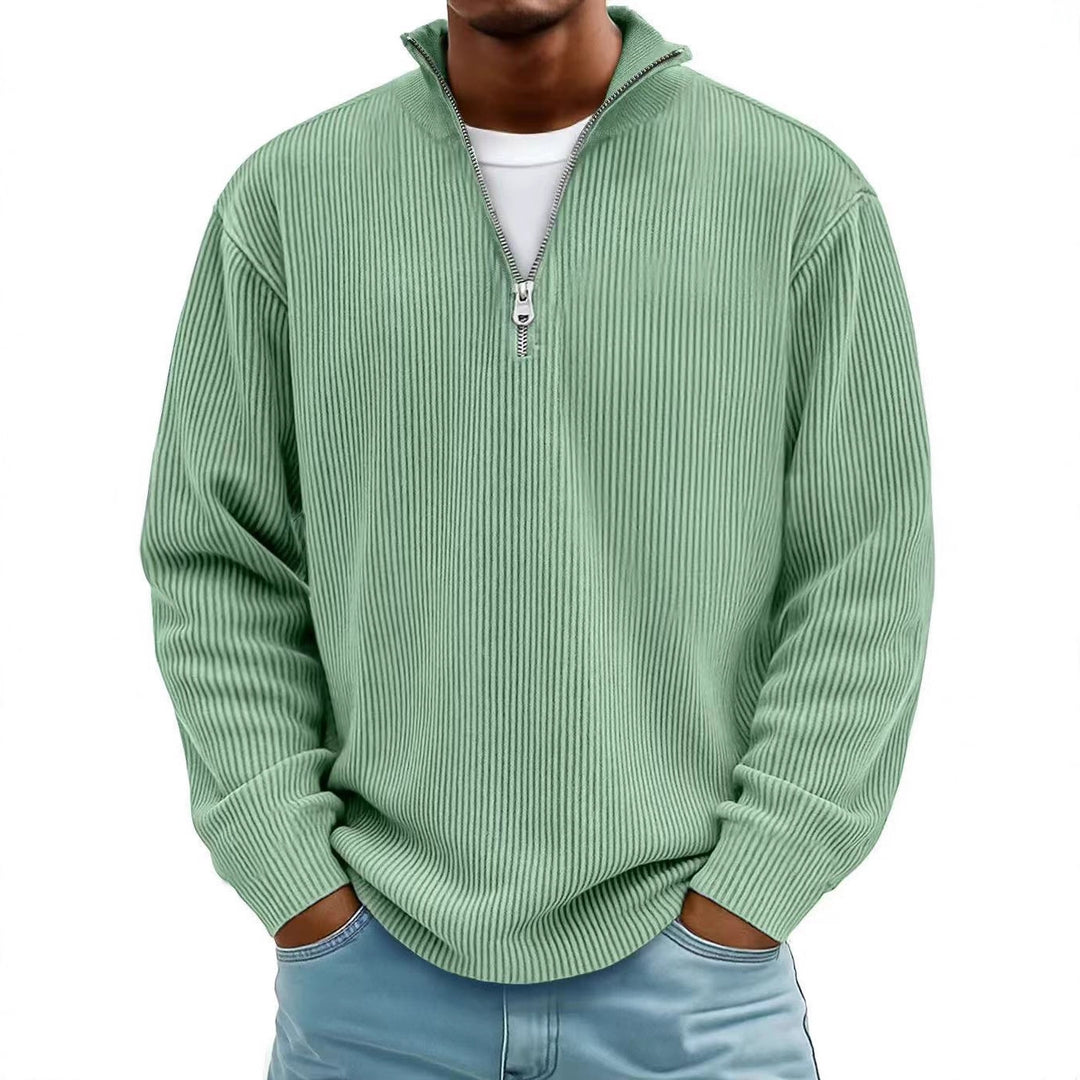 Corduroy Zipper Stand Collar Sweatshirt Fashion Warm Solid Color Long Sleeve Top Men&