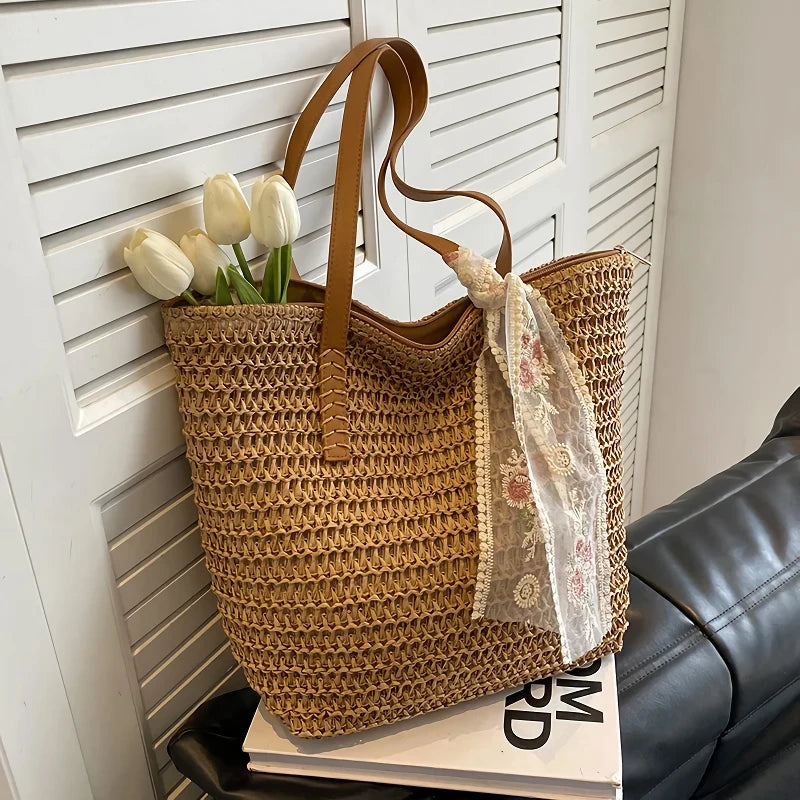 Handmade large woven straw tote bag, view 4 - MRSLM