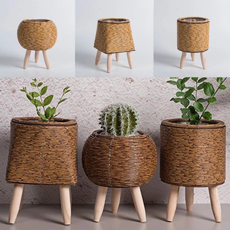 Elegant Nordic-Style Woven Plant Stand with Wooden Legs