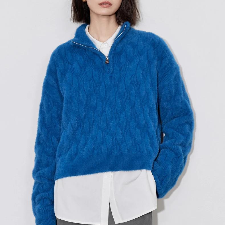 women's grid pattern knitted zipper sweater - MRSLM