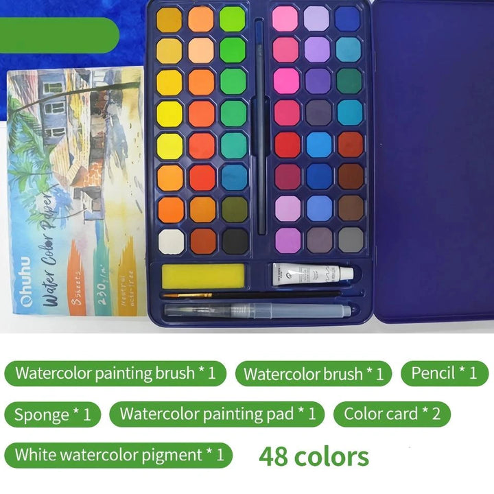 48 Color Solid Watercolor Paint Set - Portable Brush Pens for Artists