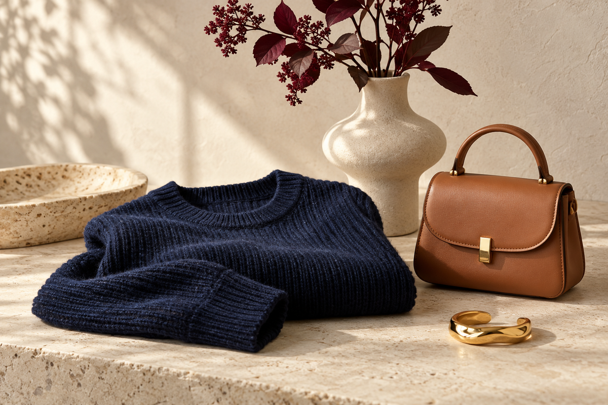 Editorial arrangement of fashion accessories and home accents in warm ivory and navy