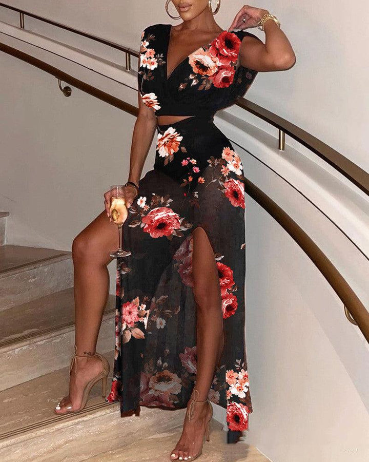 European And American New Women's Black V-neck Slit Skirt Suit - MRSLM