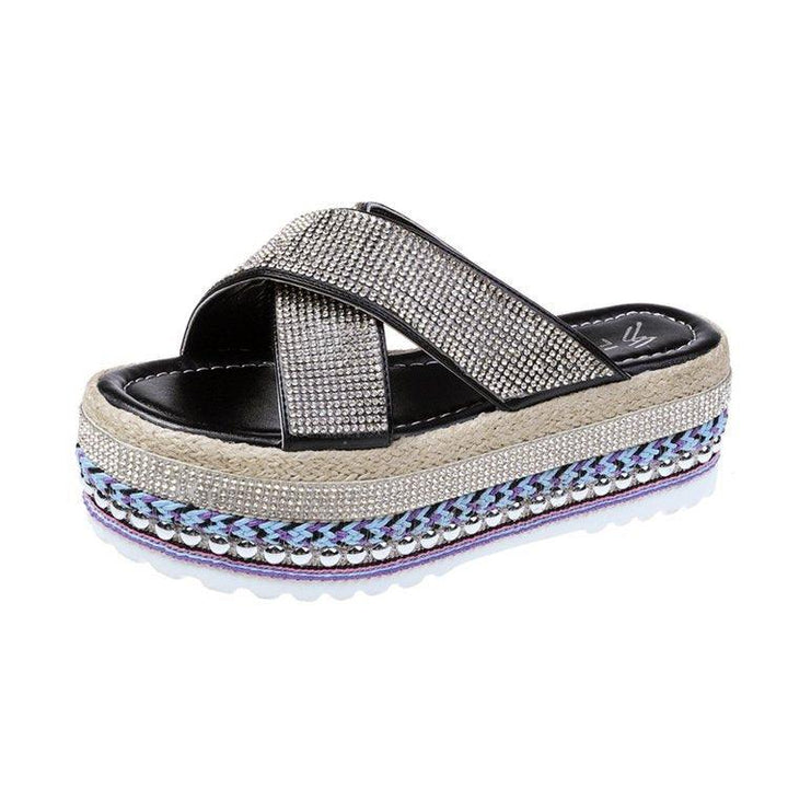 Cross Rhinestone Woven Waterproof Platform Toe Women's Slippers - MRSLM