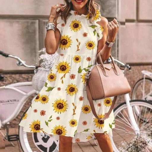 Women's printed round neck dress - MRSLM