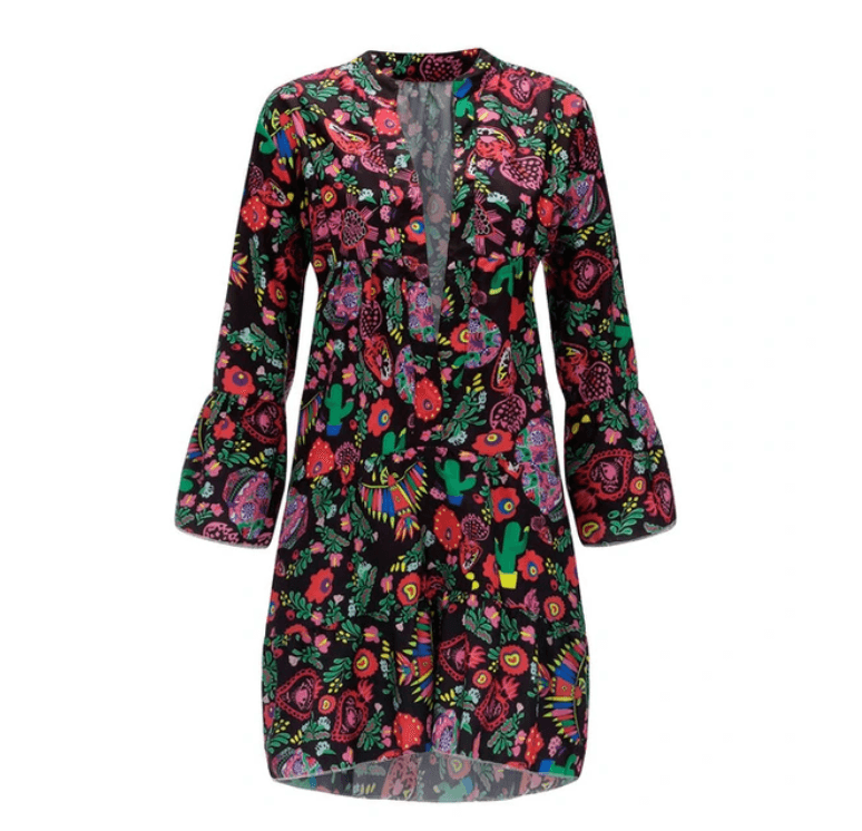 printed v-neck ruffled loose dress, view 3 - MRSLM