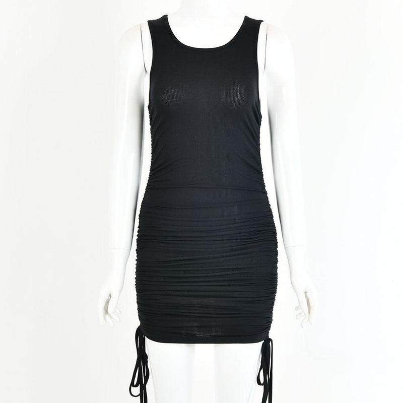 drawstring pleated hip-wrap vest dress, view 9 - MRSLM