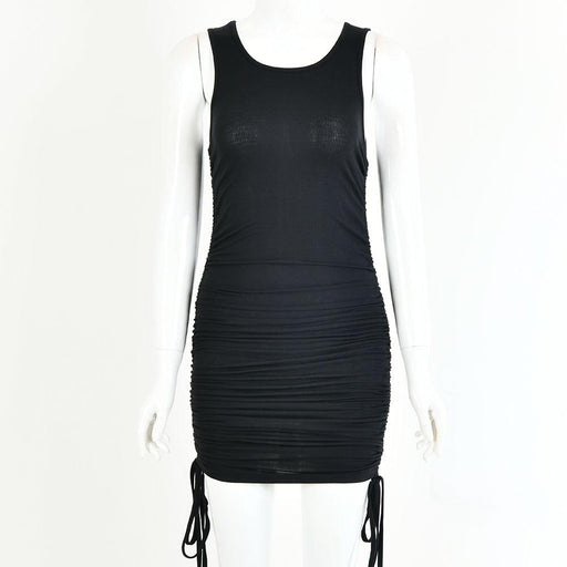 drawstring pleated hip-wrap vest dress, view 9 - MRSLM