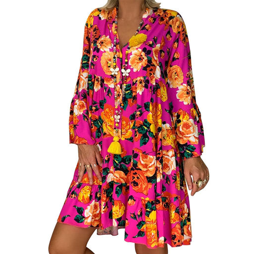 printed v-neck ruffled loose dress, view 4 - MRSLM