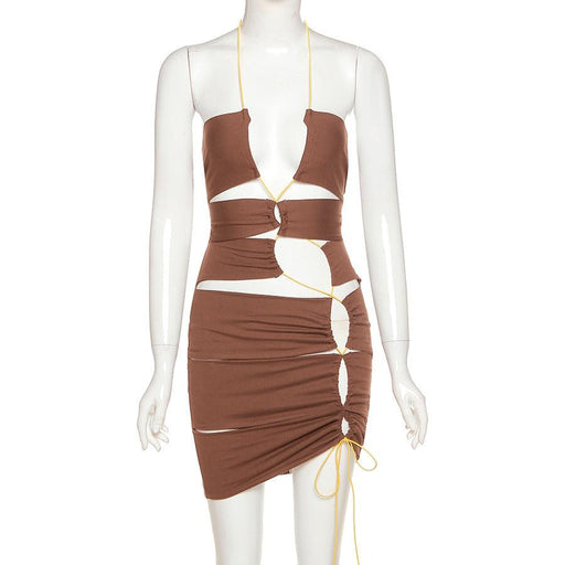 Halter neck hollow drawstring dress, view 2 - MRSLM