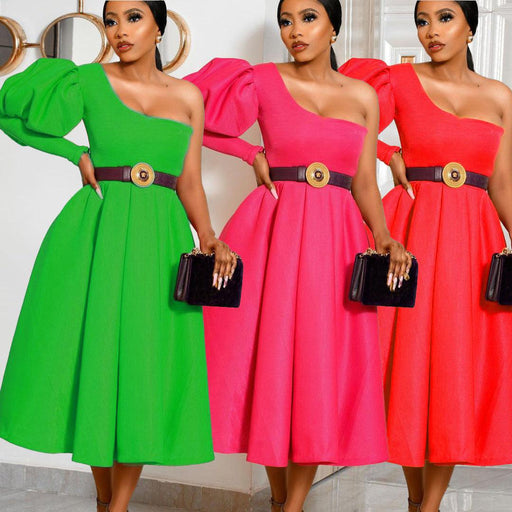 medium length evening dress with off-the-shoulder bubble sleeves - MRSLM