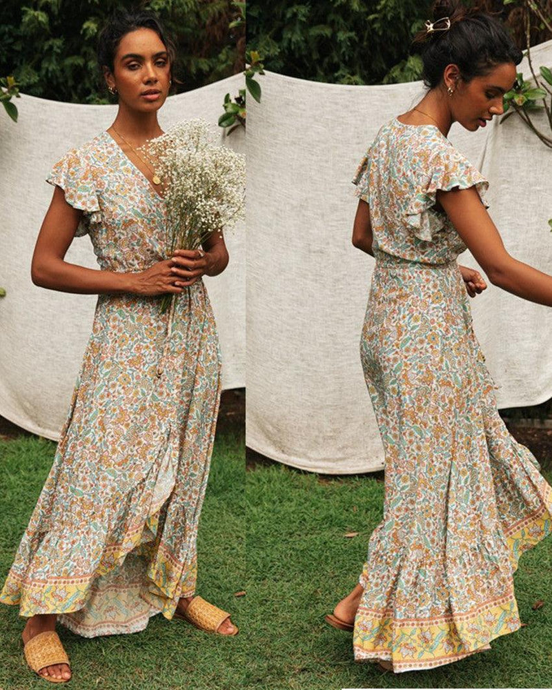 printed v-neck lace up dress - MRSLM