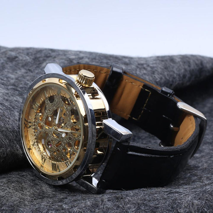 Classic Men's Faux Leather Skeleton Hand-Wind Mechanical Sports Army Wrist Watch - MRSLM