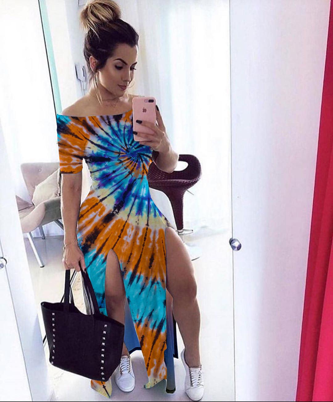 Tie-dye One-shoulder Split Dress
