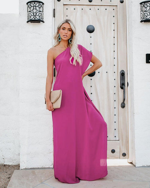 Slanted shoulder ruffled solid color dress, view 3 - MRSLM