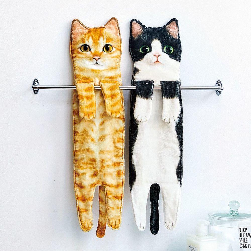 Cat Hand Towels Long Cat Shape Wipe Handkerchiefs Bath Towels For Bathroom Kitchen - MRSLM