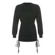 pleated drawstring long sleeve dress, view 4 - MRSLM