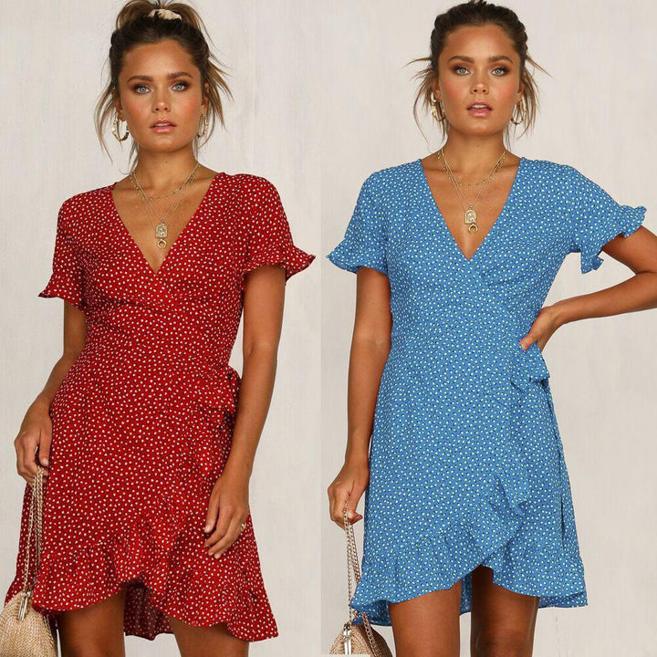 Printed V-neck lace-up ruffled dress - MRSLM