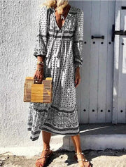 bohemian long sleeve v-neck pullover dress, view 2 - MRSLM