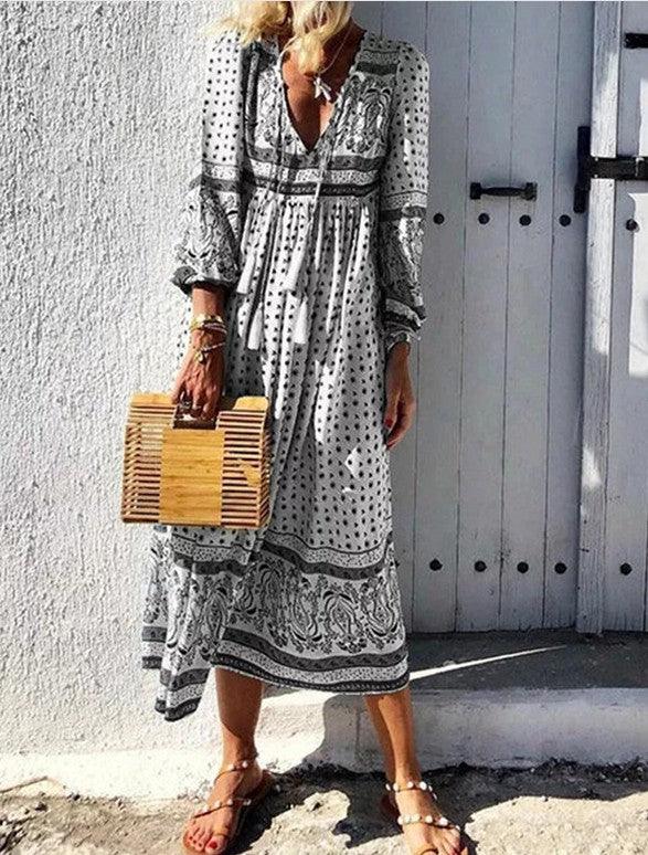 bohemian long sleeve v-neck pullover dress, view 2 - MRSLM