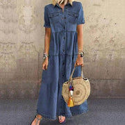 Women's long multi-buckle distressed denim-style dress - MRSLM