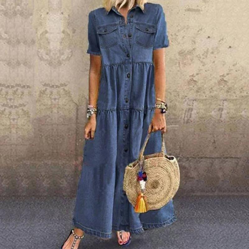 Women's long multi-buckle distressed denim-style dress - MRSLM