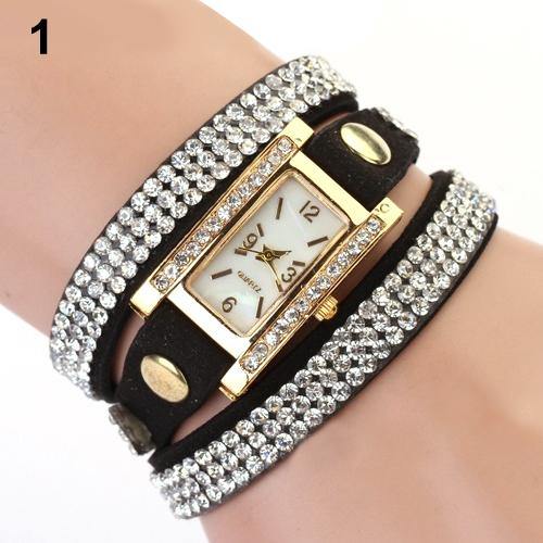Lady Vintage Square Dial Rhinestone Multilayer Faux Leather Bracelet Wrist Watch - MRSLM