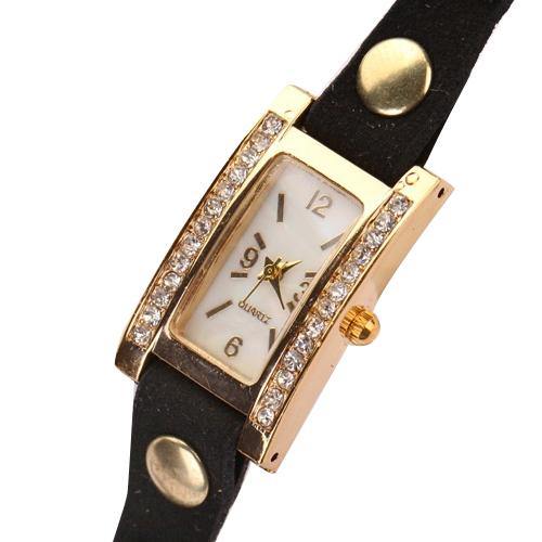 Lady Vintage Square Dial Rhinestone Multilayer Faux Leather Bracelet Wrist Watch - MRSLM