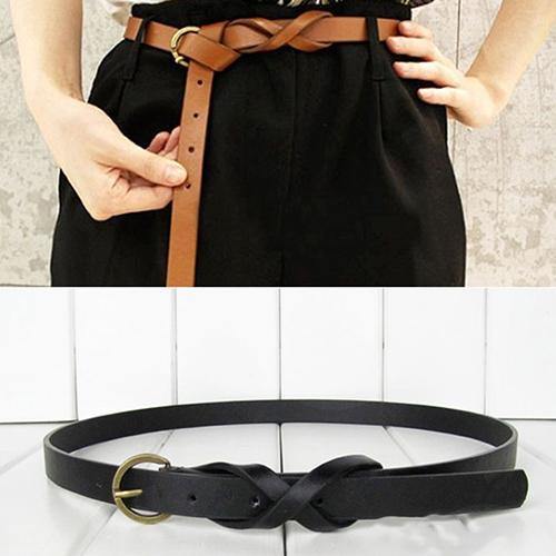 Women's Vintage Simple Thin Waist Belt Metal Buckle Skinny Faux Leather Belt - MRSLM