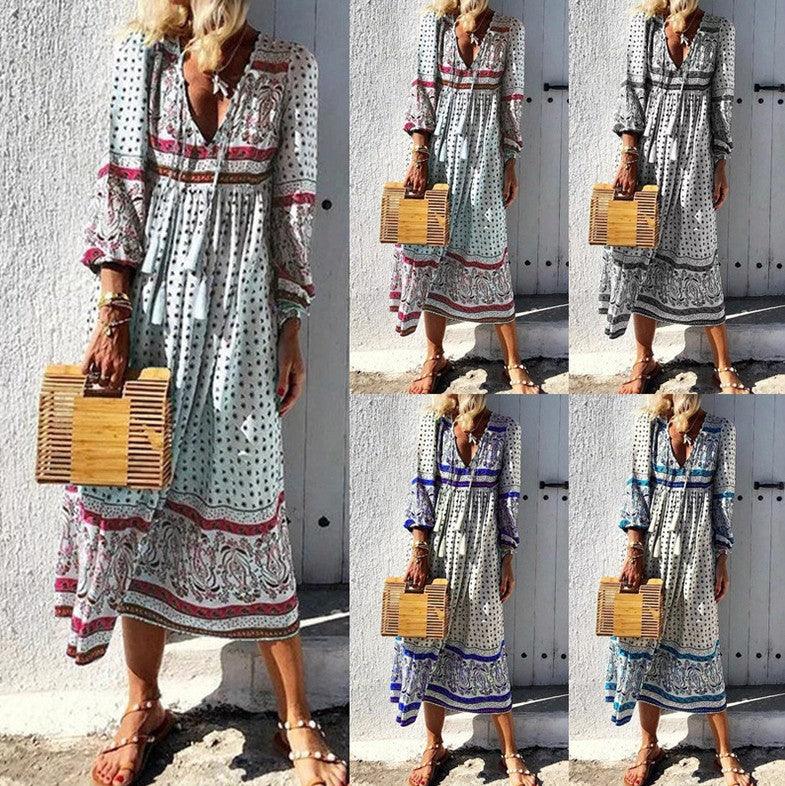 Bohemian long sleeve V-neck pullover dress - MRSLM