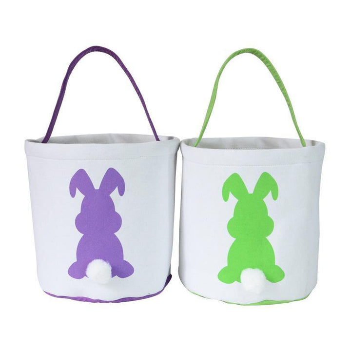 Happy Easter Burlap Bunny Ears Bags Easter Basket Canvas Bunny Buckets Easter Tote Bags with Rabbit Tail Kids Gift - MRSLM