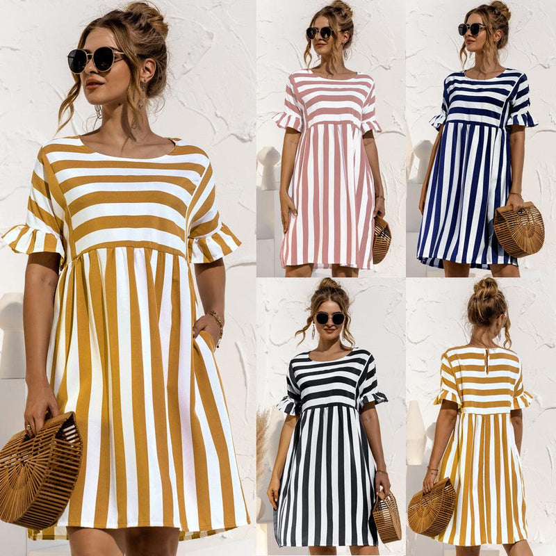 Ruffled striped loose dress with pocket - MRSLM