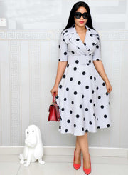 suit collar dot dress with belt, view 3 - MRSLM