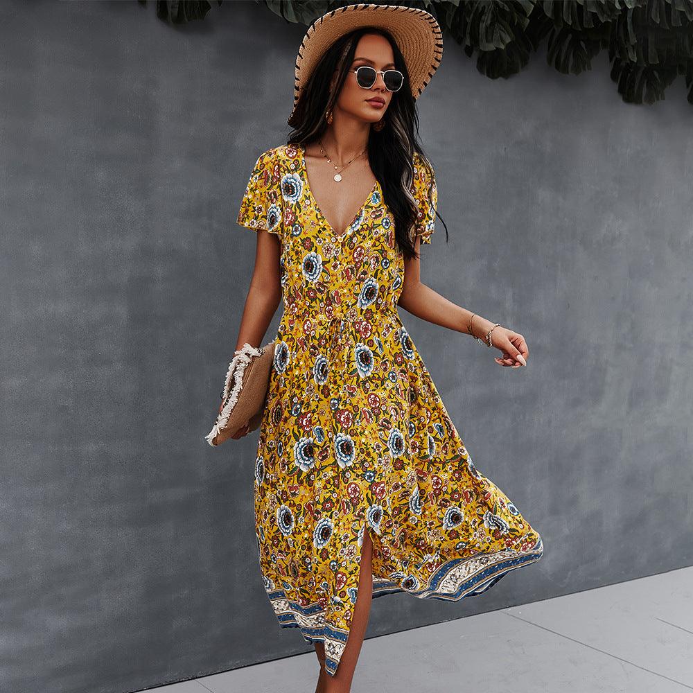 Fashion V-neck Sexy Print Dress - MRSLM