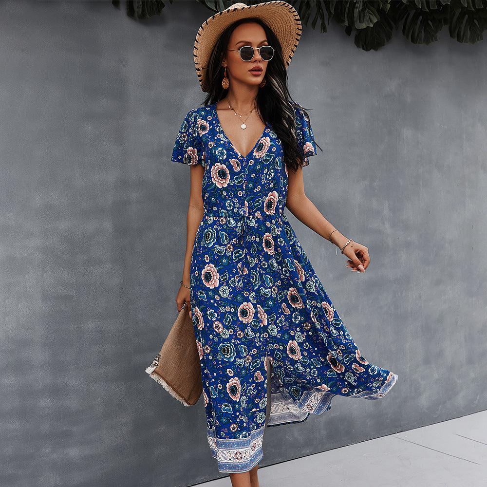 Fashion V-neck Sexy Print Dress - MRSLM