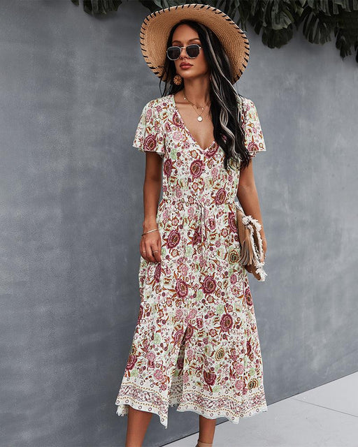 fashion v-neck print dress, view 4 - MRSLM