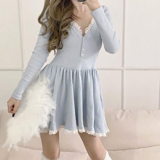 milk blue lace v-neck high waist dress - MRSLM